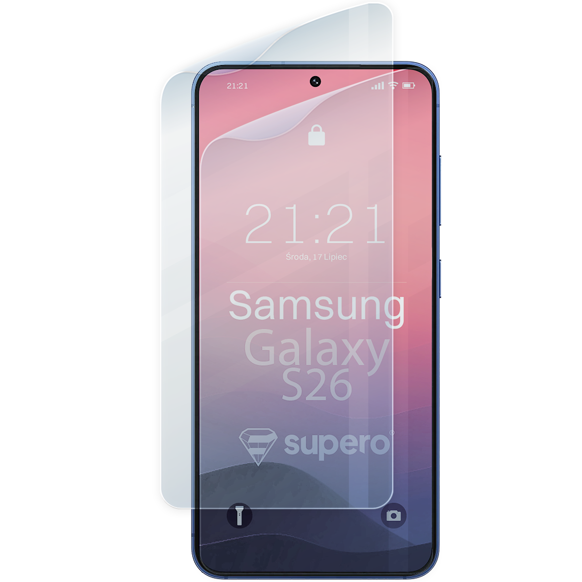 Na obrazie widoczny jest telefon z nałożoną folią ochronną, na ekranie wyświetla się godzina 21:21 oraz data Środa, 17 Lipiec. Widoczny jest napis \'Samsung Galaxy S26\' oraz logo \'supero\'.