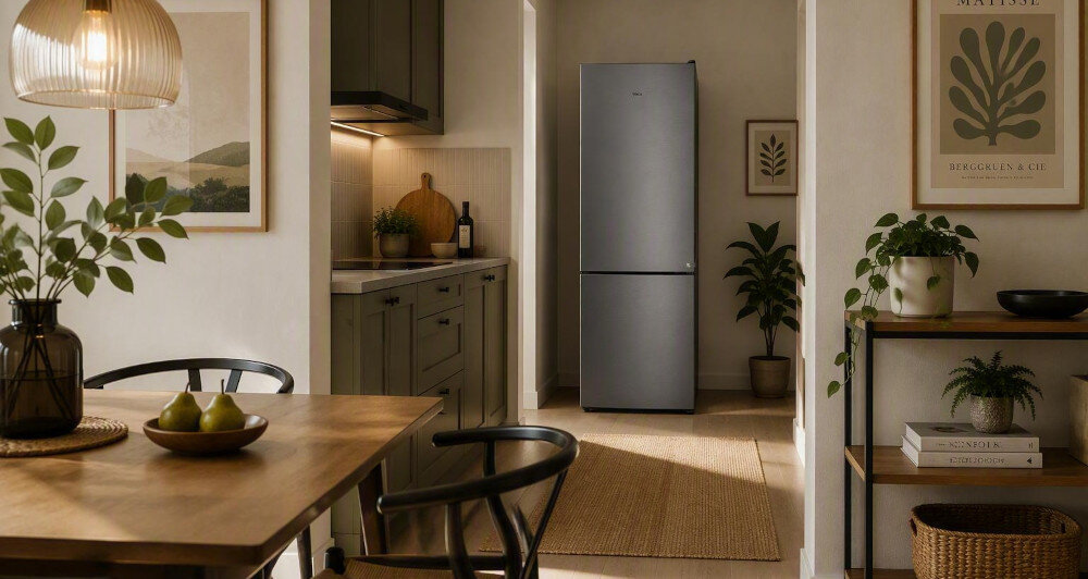 LODÓWKA TEKA RBF 54640 SS Lodówka Teka w stalowym kolorze ustawiona we wnęce kuchennej. Prosty design pasuje do przytulnej aranżacji wnętrza klasa energetyczna c cicha praca 35 dB niskie zużycie energii