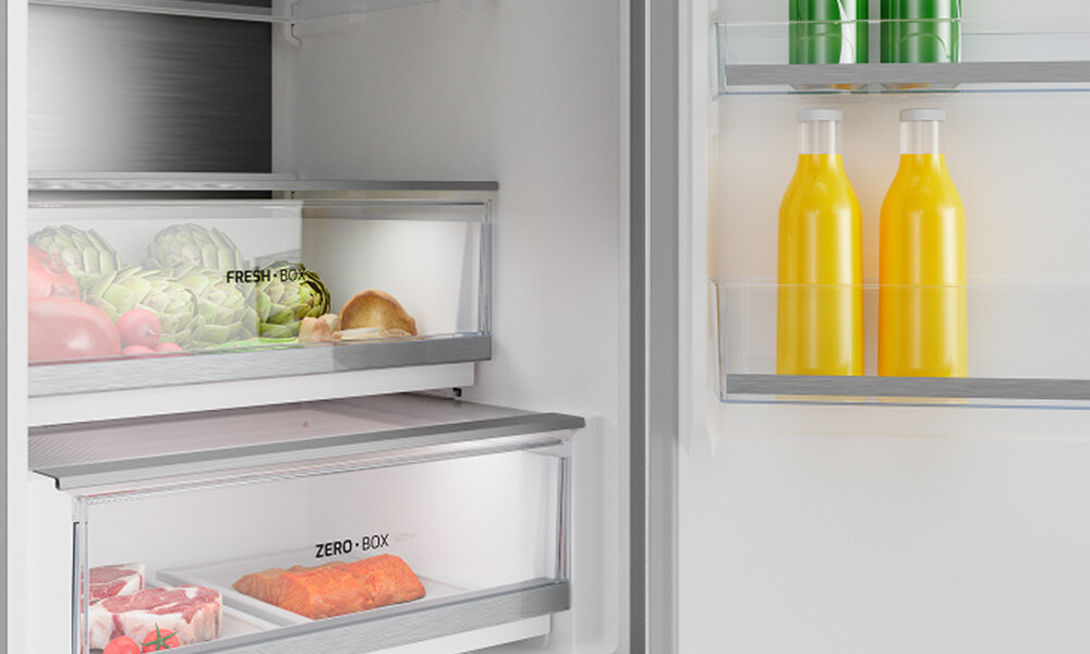 LODÓWKA TEKA RBF 54640 SS Wnętrze lodówki z szufladami Fresh Box i Zero Box. Oddzielne strefy ułatwiają przechowywanie warzyw, mięsa i ryb szybkie chłodzenie błyskawiczne obniżanie temperatury