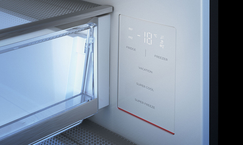 LODÓWKA TEKA RBF 68670 WH Dotykowy panel sterowania wewnątrz lodówki. Umożliwia regulację temperatury i wybór dodatkowych funkcji tryb wakacyjny oszczędność energii optymalne warunki przechowywania