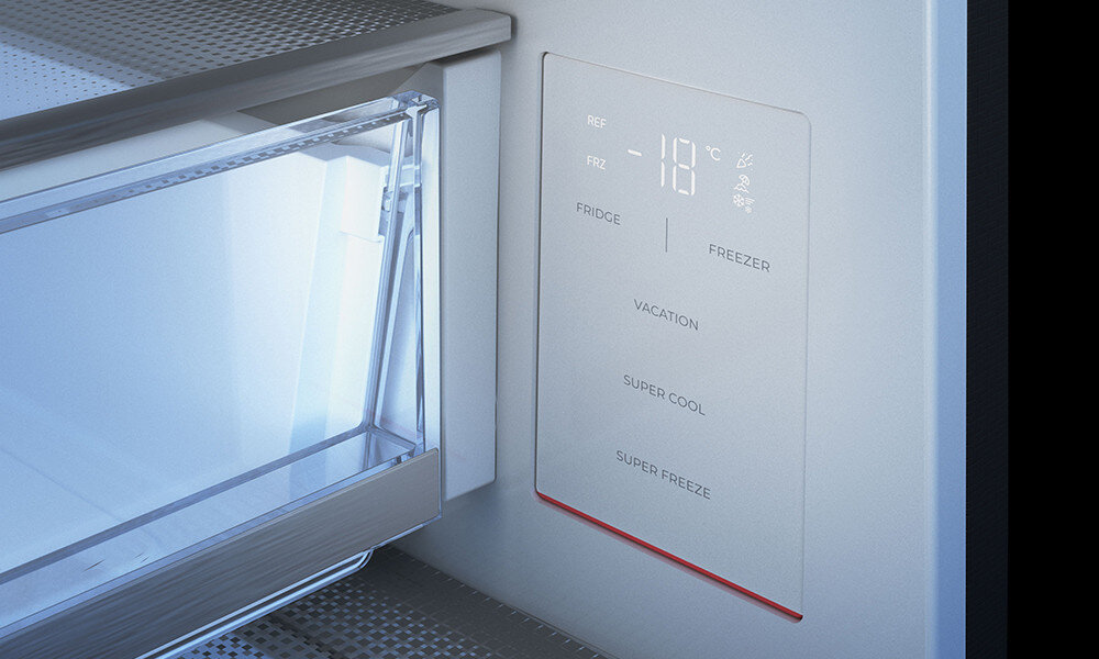 LODÓWKA TEKA RBF 44630 WH Dotykowy panel sterowania wewnątrz lodówki. Umożliwia regulację temperatury i wybór dodatkowych funkcji tryb wakacyjny oszczędność energii optymalne warunki przechowywania