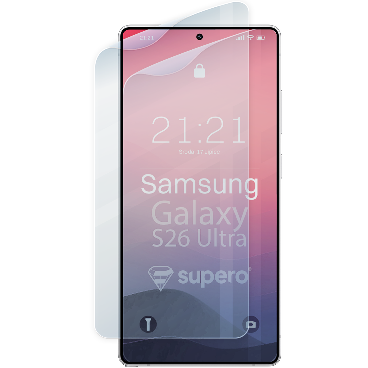 Obraz przedstawia telefon z nałożoną folią ochronną na ekranie. Na ekranie widoczny jest tekst: \'21:21 Środa, 17 Lipiec Samsung Galaxy S26 Ultra supero\'.