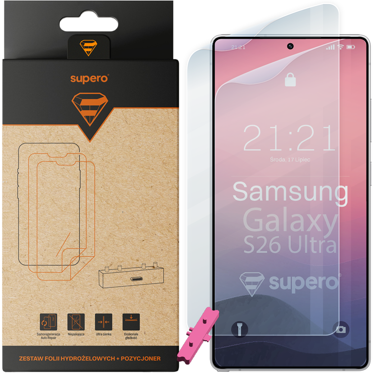 Na obrazie widoczna jest folia hydrożelowa na ekran telefonu Samsung Galaxy S26 Ultra oraz opakowanie z logo \'supero\'. Na ekranie telefonu wyświetlany jest tekst: \'21:21 Środa, 17 Lipiec Samsung Galaxy S26 Ultra supero\'.