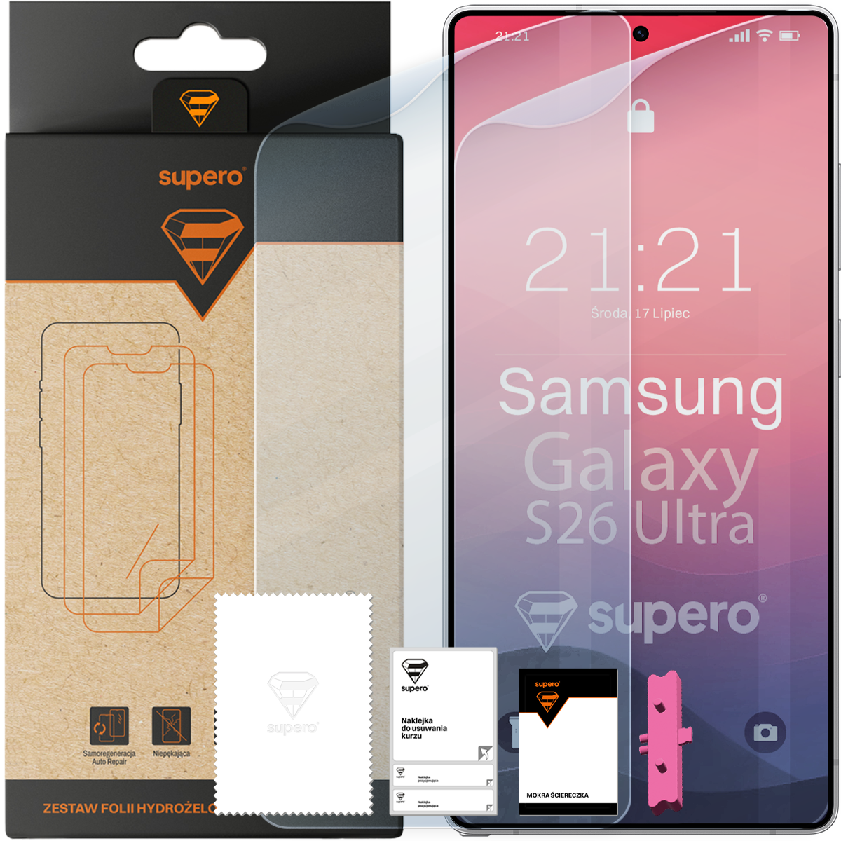 Na obrazie widoczny jest zestaw folii hydrożelowej marki supero do telefonu Galaxy S26 Ultra, w skład którego wchodzi opakowanie, dwie folie, ściereczka z logo supero, naklejka do usuwania kurzu oraz mokra ściereczka. Na ekranie telefonu widoczny jest tekst: \'21:21 Środa 17 Lipiec Samsung Galaxy S26 Ultra supero\'.