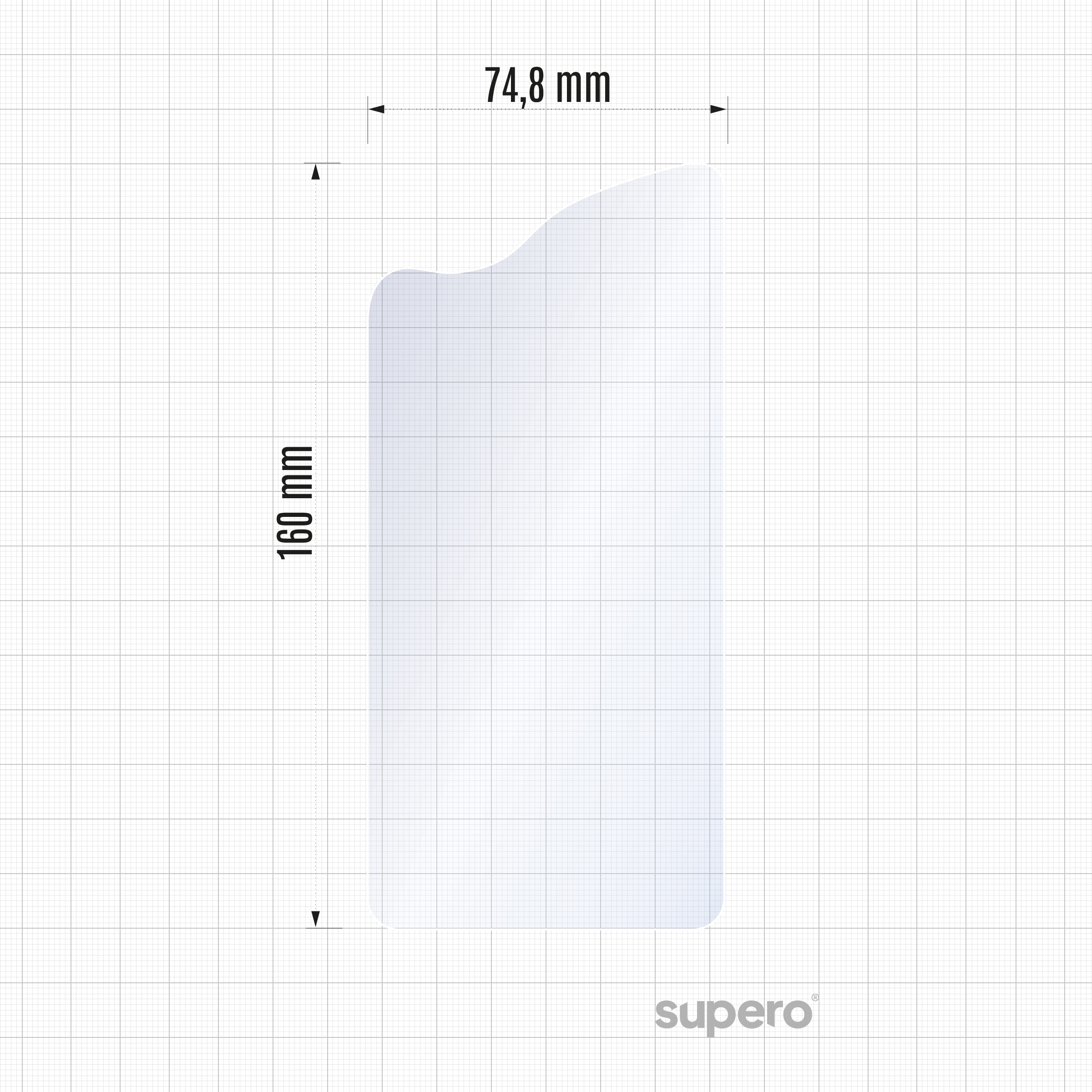 Obraz przedstawia przezroczystą folię o wymiarach 73 mm na 159 mm na tle siatki. W prawym dolnym rogu widoczne jest logo \'supero\'.