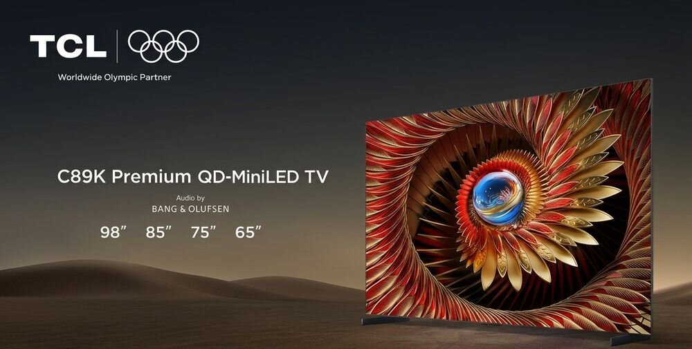 Obraz przedstawia telewizor z kolorowym, abstrakcyjnym wzorem na ekranie. Obok widnieje tekst: \'TCL\', \'C89K Premium QD-MiniLED TV\', \'Audio by BANG & OLUFSEN\', \'98\