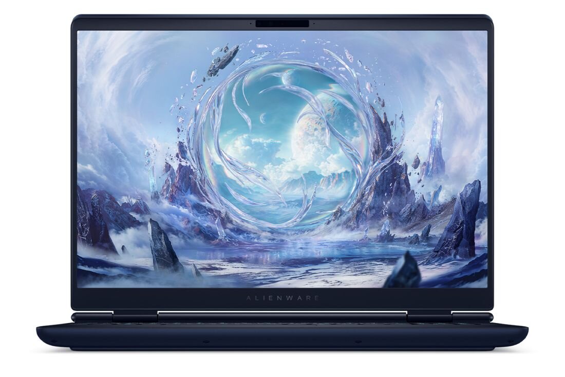 Ekran QHD laptopa Alienware z grafiką science fiction, widok frontu komputera - QHD Gaming w 240 Hz  