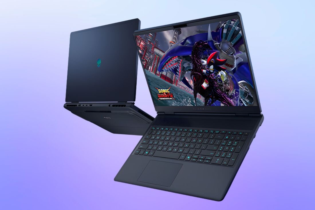 Laptopy Alienware prezentujące design oraz ekran z grą Sonic, efektowne ujęcie na tle fioletowego gradientu - Wi-Fi 7    