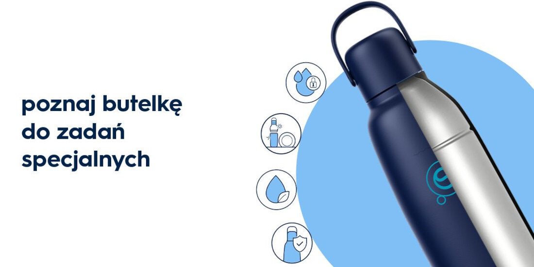Butelka termiczna SODASTREAM Fizz&Go 0.9 l Ciemnogranatowy zdjęcie lifestyle Wygoda na co dzień do saturatorów Sodastream Terra, Art, Mix, Duo oraz Ensō zarówno do zimnych, jak i ciepłych napojów można ją myć ręcznie lub w zmywarce