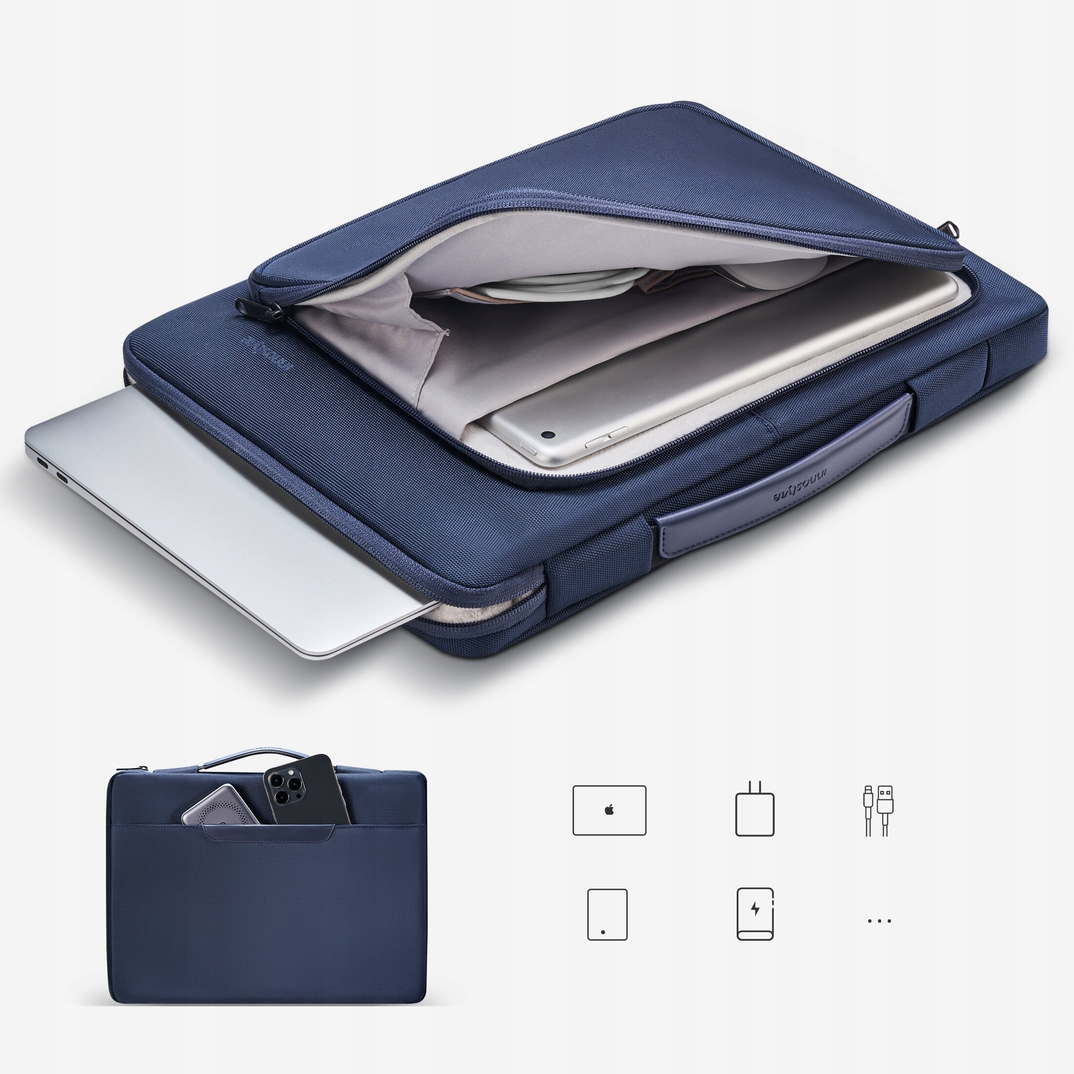 Granatowa torba na laptopa z otwartą kieszenią, w której znajduje się laptop i kabel. Na dole widoczne są ikony przedstawiające urządzenia elektroniczne i akcesoria.