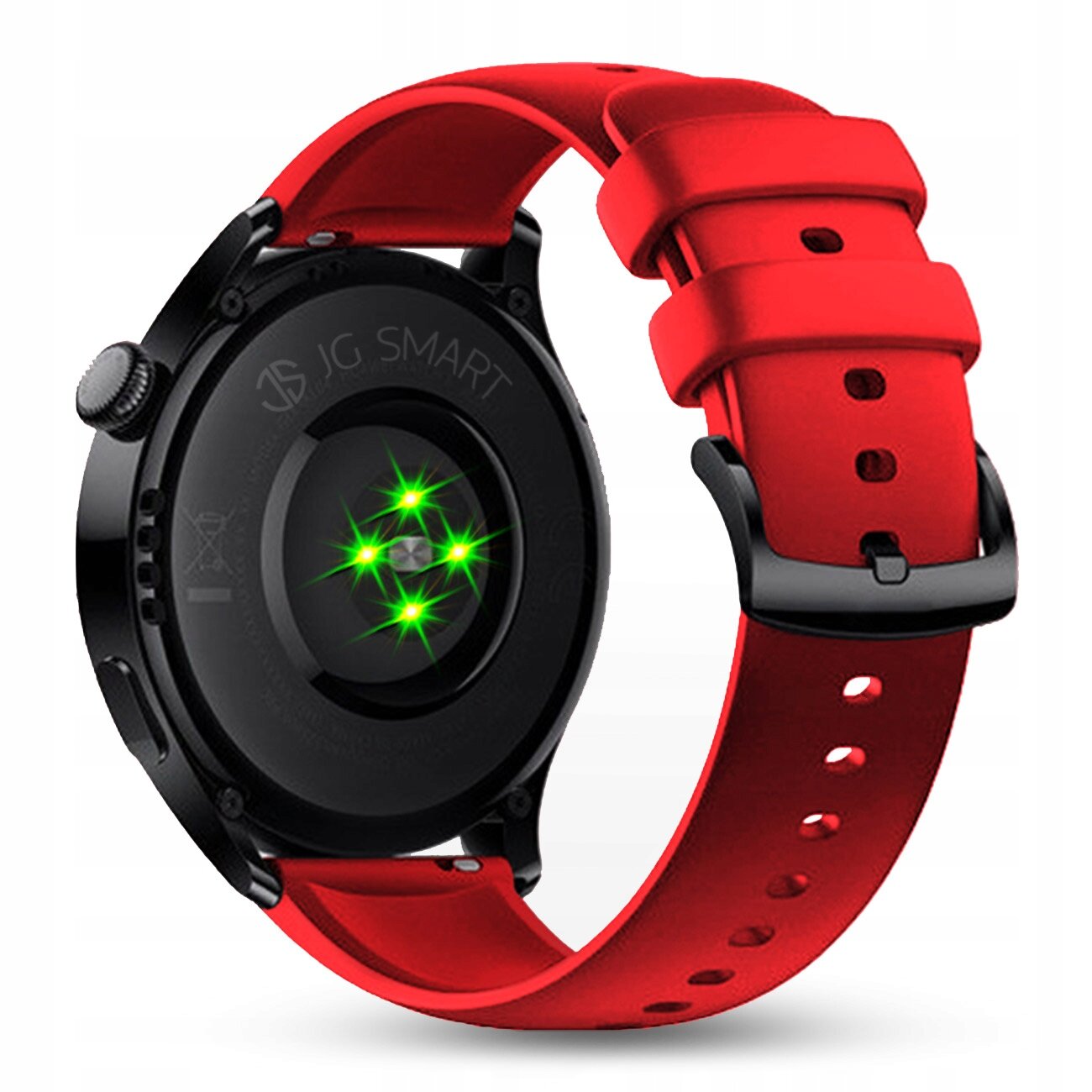 Czarny smartwatch z czerwonym silikonowym paskiem, na którego spodzie widoczne są zielone diody. Na obudowie zegarka znajduje się napis \'JG SMART\'.