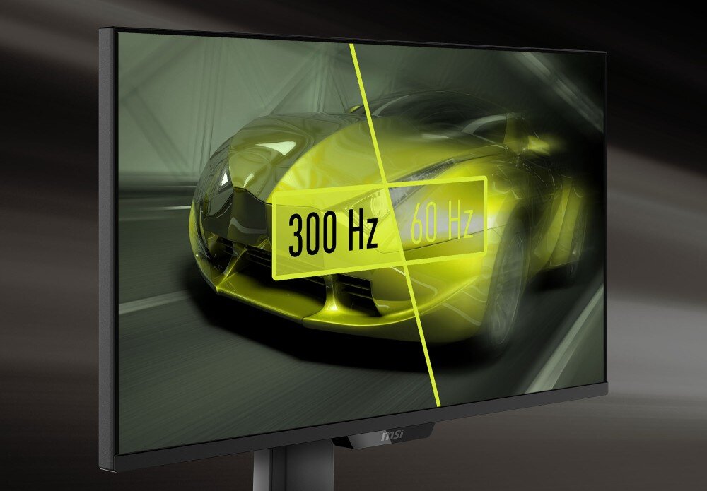 Monitor wyświetla obraz samochodu sportowego z podziałem na dwie części, oznaczone jako \'300 Hz\' i \'60 Hz\'. Na dolnej ramce monitora widoczne jest logo MSI.