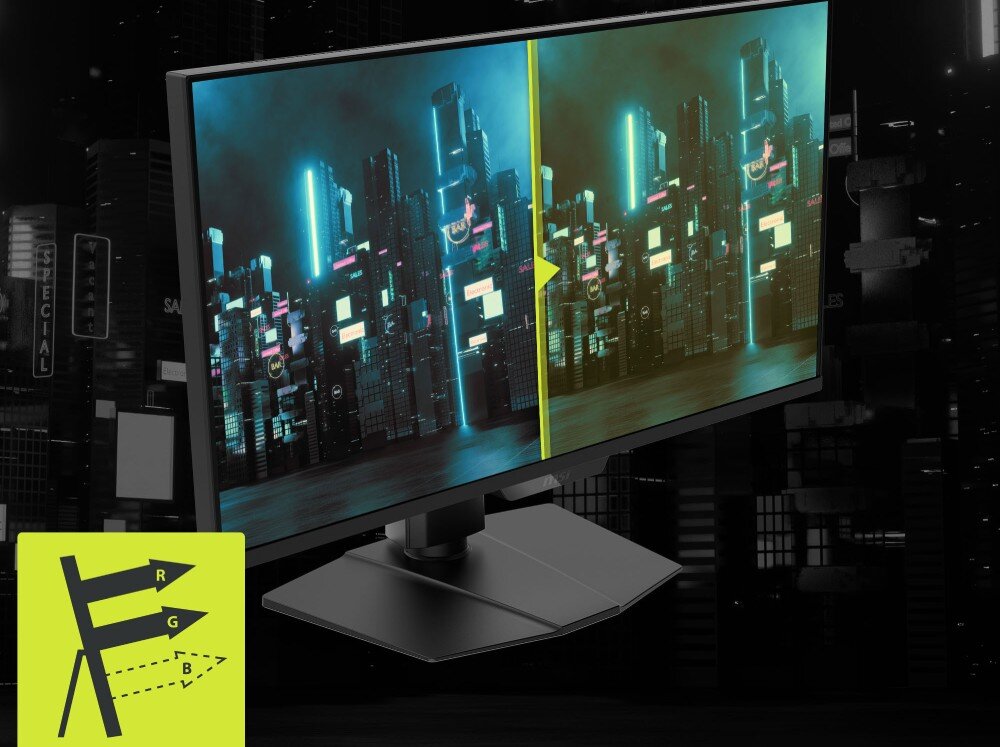 Monitor wyświetla obraz futurystycznego miasta z neonowymi światłami, podzielony na dwie części pionową linią. W lewym dolnym rogu znajduje się żółty symbol z literami R, G, B i strzałkami wskazującymi różne kierunki.