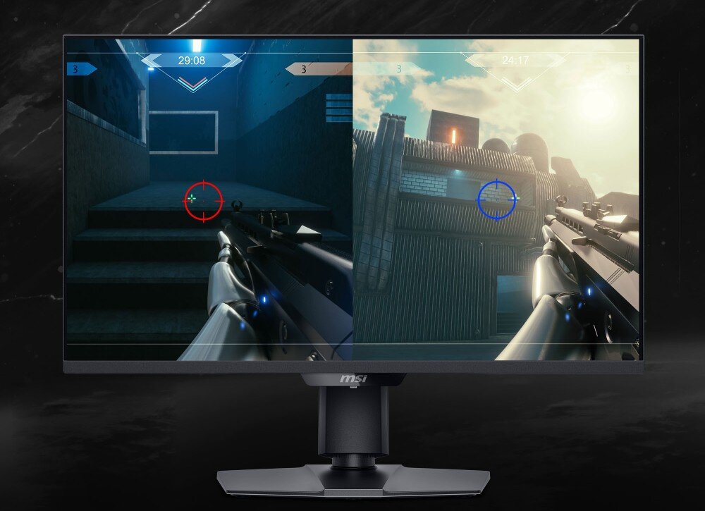 Monitor wyświetla grę FPS z podzielonym ekranem, pokazując różne sceny z bronią w ręku. Logo \'msi\' znajduje się na dolnej ramce monitora.