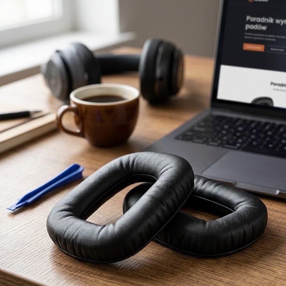 Na drewnianym biurku leżą czarne nauszniki, obok nich znajduje się niebieskie narzędzie, filiżanka z kawą oraz otwarty laptop z widoczną stroną internetową. W tle widać słuchawki i okno.