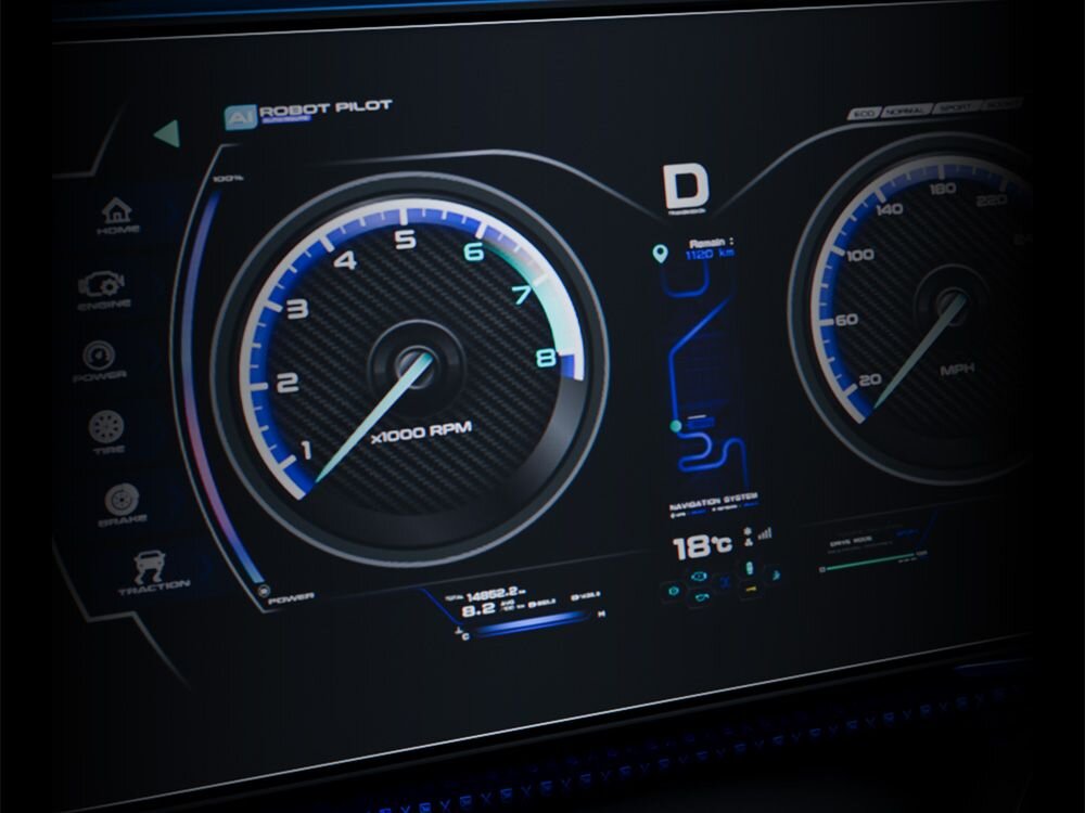 Cyfrowy panel samochodowy z dwoma okrągłymi wskaźnikami, z lewej strony obrotomierz z napisem \'x1000 RPM\', z prawej prędkościomierz z jednostką \'MPH\'. Na środku widoczna jest litera \'D\' oraz temperatura \'18°C\'.