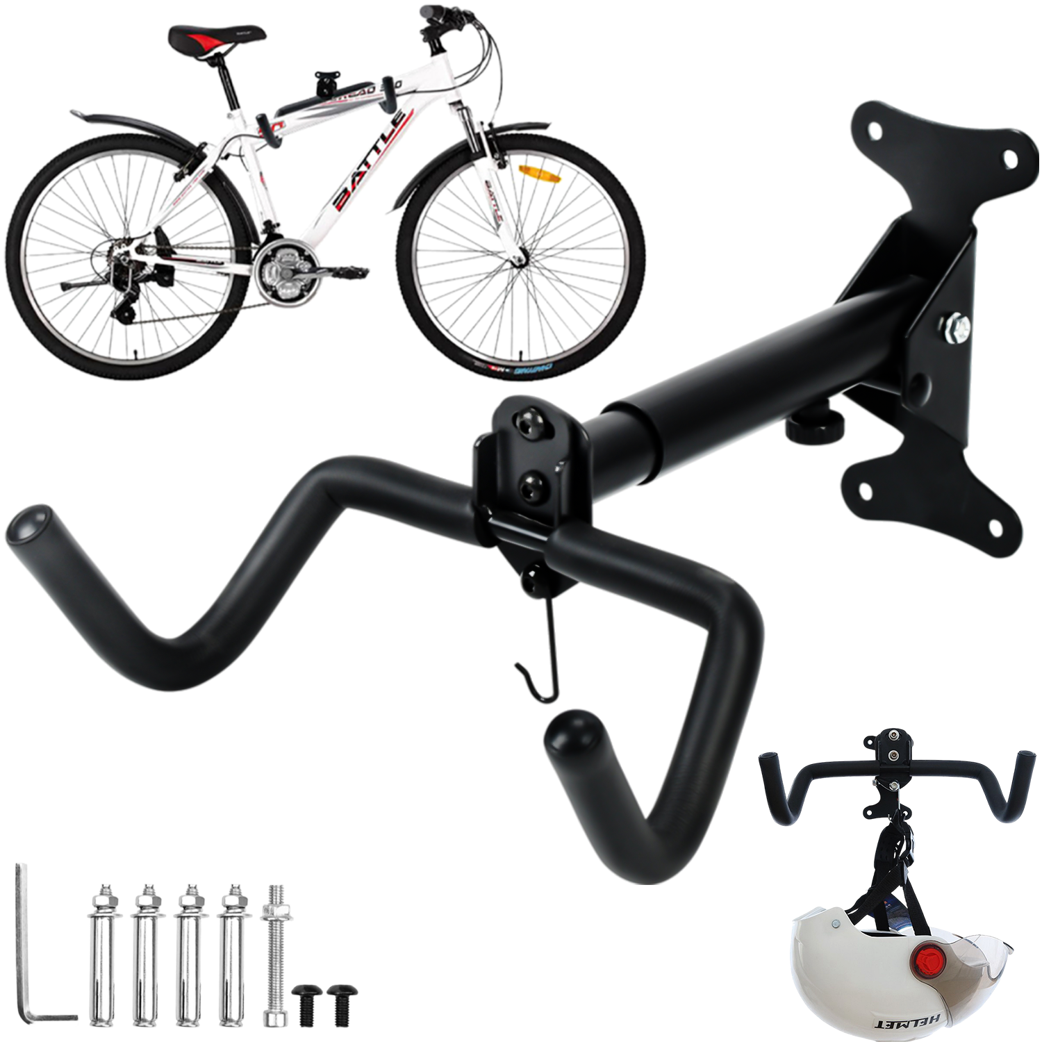 Obraz przedstawia czarny uchwyt ścienny na rower z metalowymi elementami montażowymi. W tle widoczny jest biały rower oraz kask zawieszony na uchwycie.