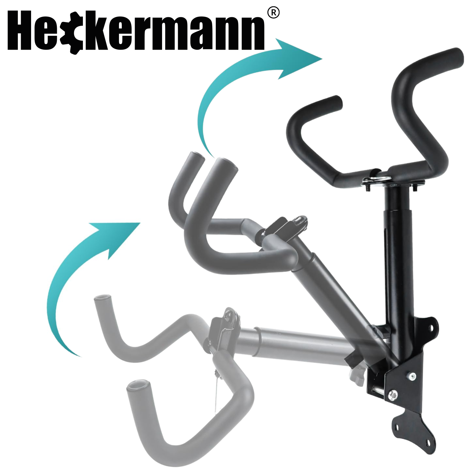 Na obrazie widoczny jest czarny uchwyt ścienny na rower z logo \'Heckermann\' oraz niebieskimi strzałkami wskazującymi możliwość regulacji. Uchwyt ma kształt litery U i jest zamocowany na metalowej podstawie.