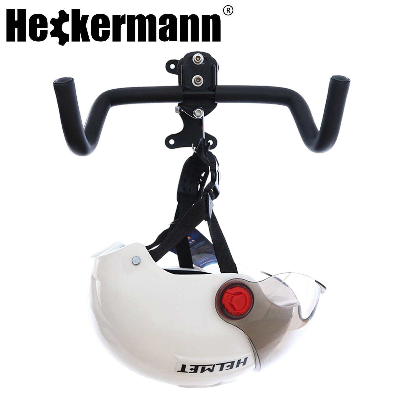 Uchwyt ścienny na rower z logo Heckermann, na którym zawieszony jest biały kask z napisem \'HELMET\'.