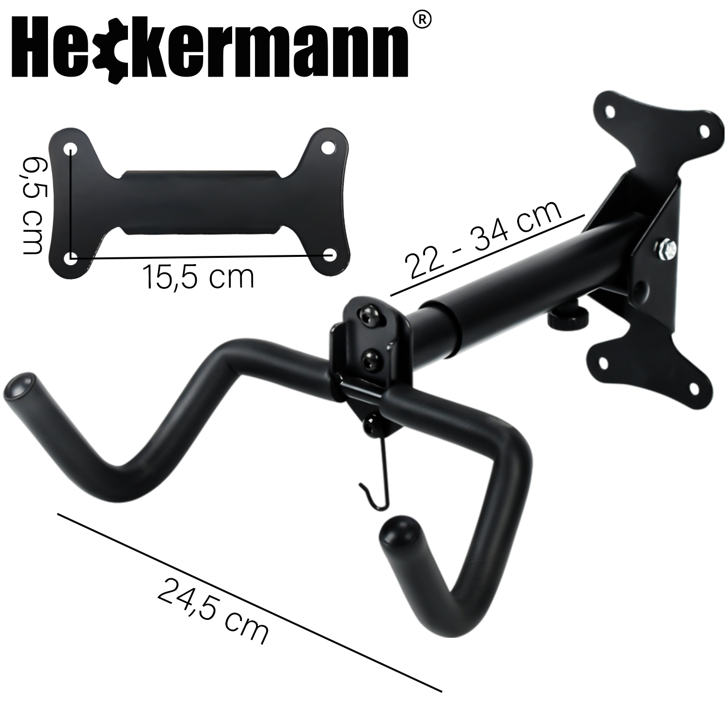 Na obrazie widoczny jest czarny uchwyt ścienny na rower z logo \'Heckermann\'. Wymiary uchwytu to 24,5 cm, 22-34 cm oraz 15,5 cm x 6,5 cm.