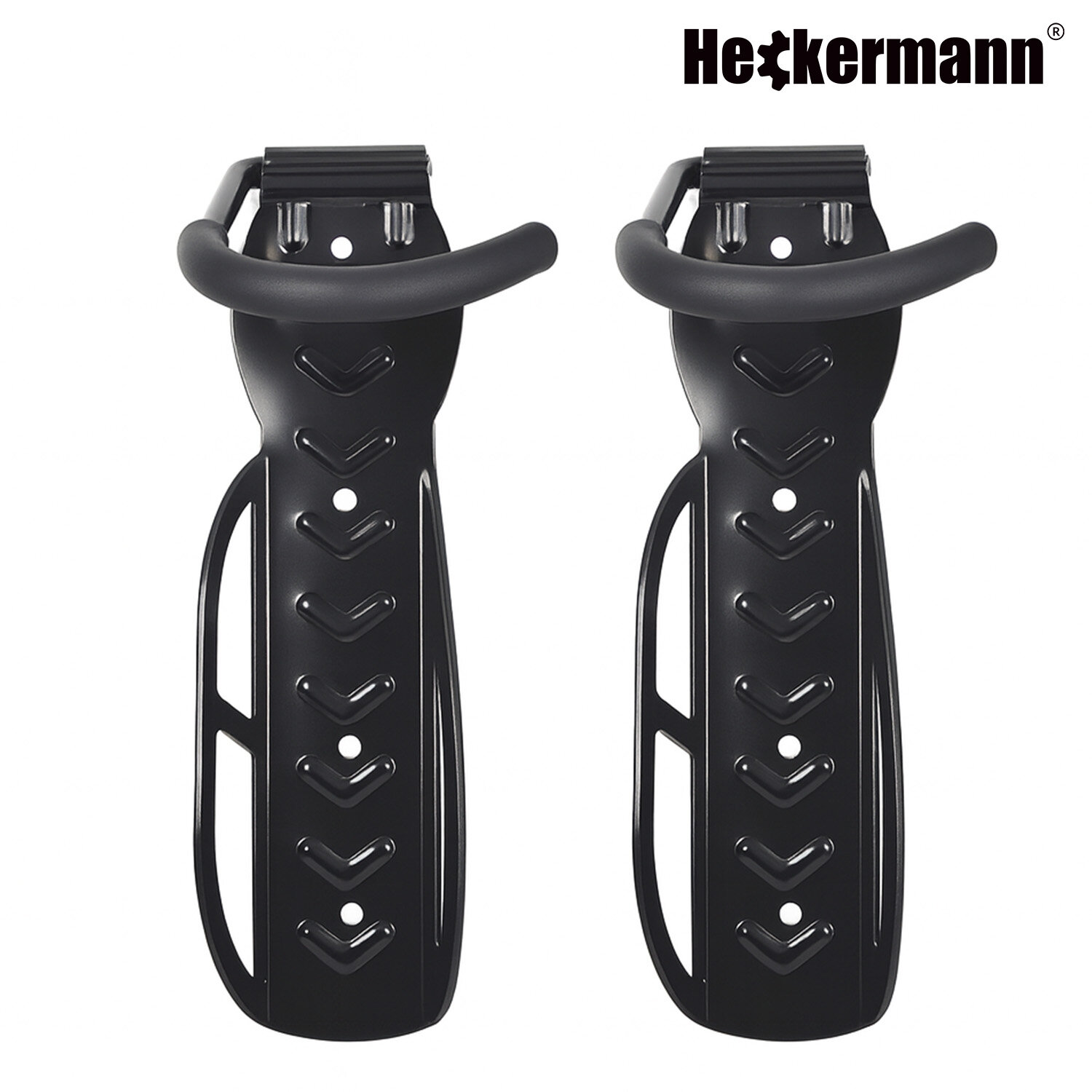 Na obrazie widoczne są dwa czarne uchwyty ścienne na rower z logo \'Heckermann\' w prawym górnym rogu. Uchwyty mają zakrzywiony kształt z otworami i wzorem w kształcie litery V.