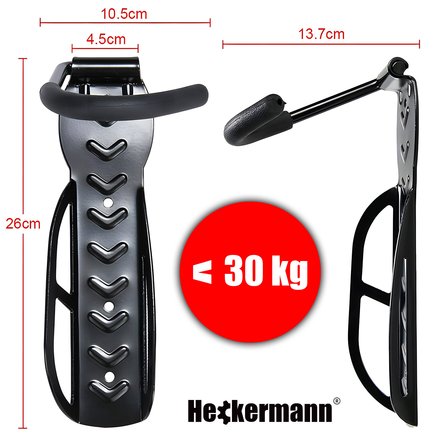 Obraz przedstawia dwa czarne uchwyty ścienne na rower z logo Heckermann. Widoczne są wymiary: 10.5 cm, 4.5 cm, 13.7 cm, 26 cm oraz informacja o maksymalnym obciążeniu \'< 30 kg\'.