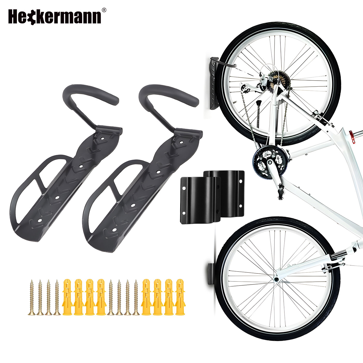 Na obrazie widoczne są dwa czarne uchwyty ścienne na rower, zestaw śrub i kołków oraz zamontowany na ścianie rower. W lewym górnym rogu znajduje się logo \'Heckermann\'.