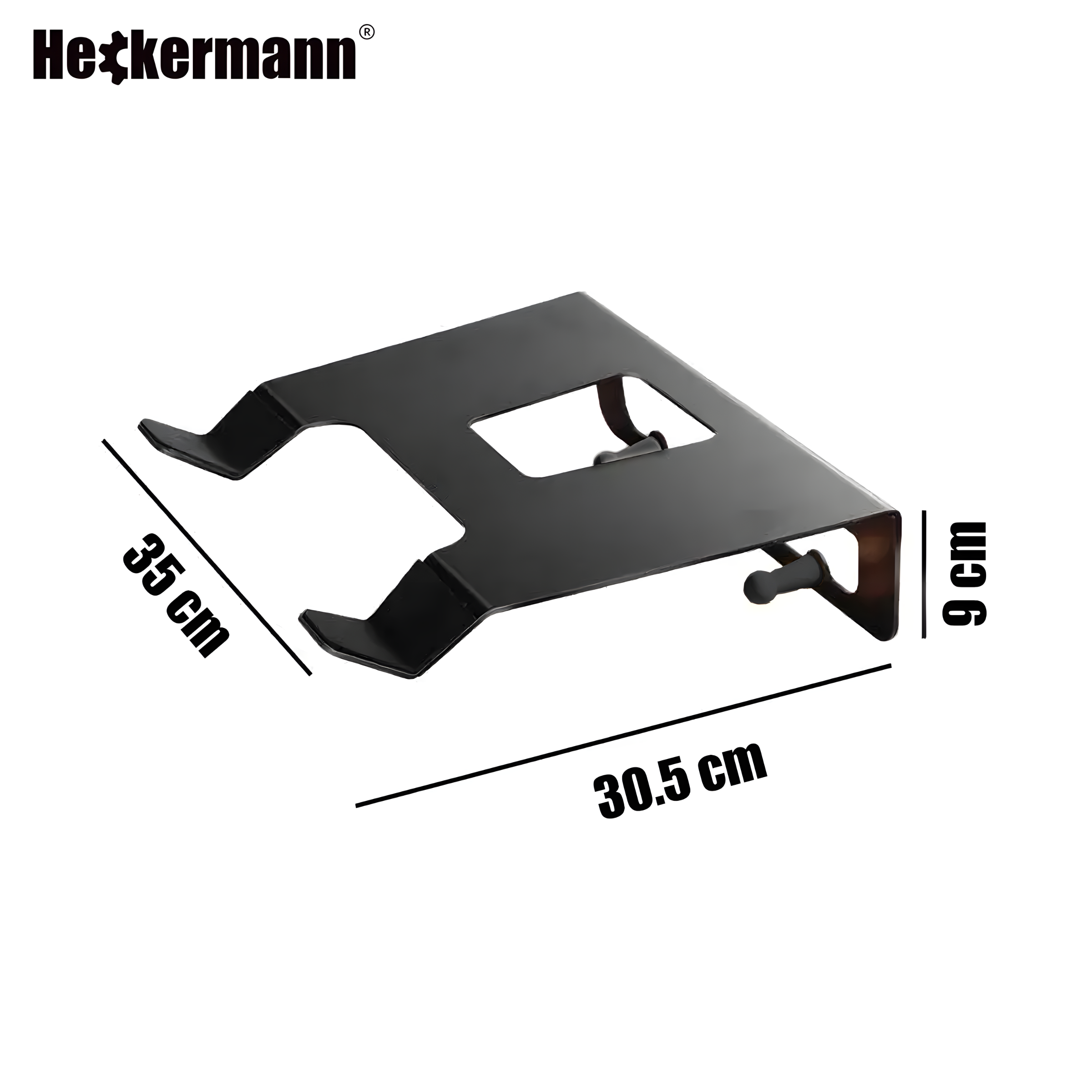 Czarny uchwyt ścienny na rower z logo \'Heckermann\' oraz wymiarami: 35 cm, 30.5 cm i 9 cm.