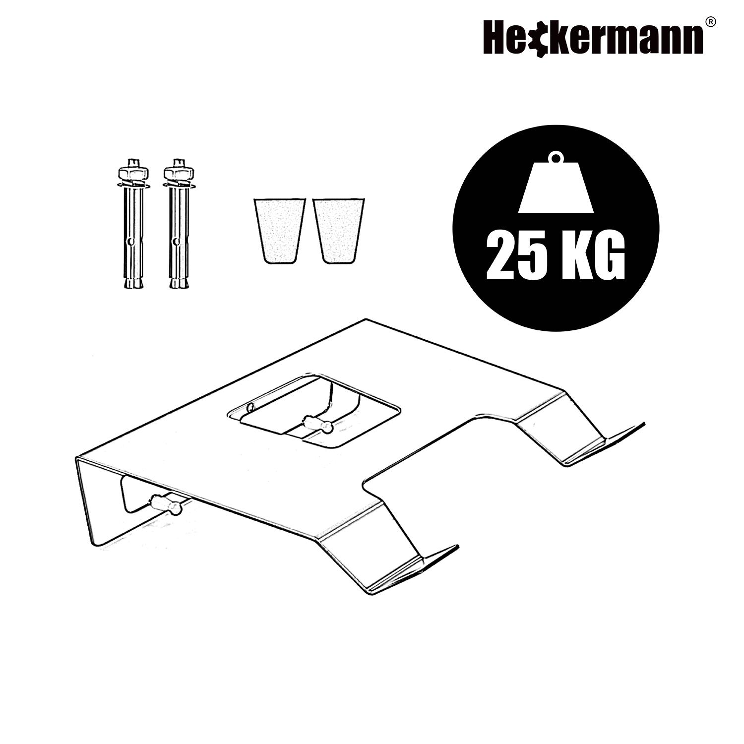 Na obrazie widoczny jest uchwyt ścienny na rower z elementami montażowymi oraz logo \'Heckermann\'. Obok znajduje się symbol wagi z napisem \'25 KG\'.