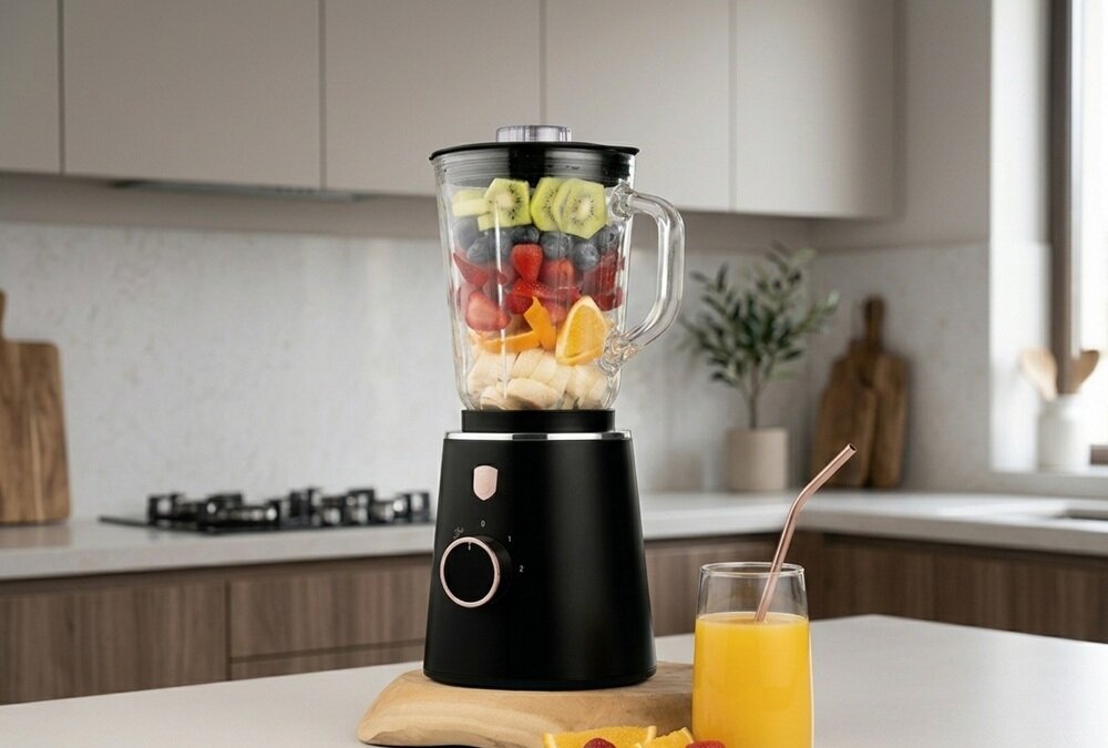 Na blacie kuchennym stoi czarny blender kielichowy wypełniony różnorodnymi owocami. Obok znajduje się szklanka z sokiem pomarańczowym i metalową słomką.