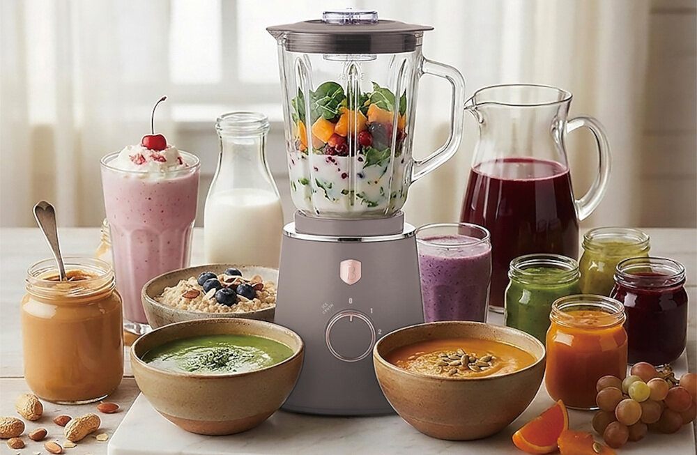 Na stole znajduje się blender kielichowy z przezroczystym pojemnikiem wypełnionym owocami i warzywami. Wokół niego ustawione są różnorodne napoje i potrawy w szklankach i miseczkach.