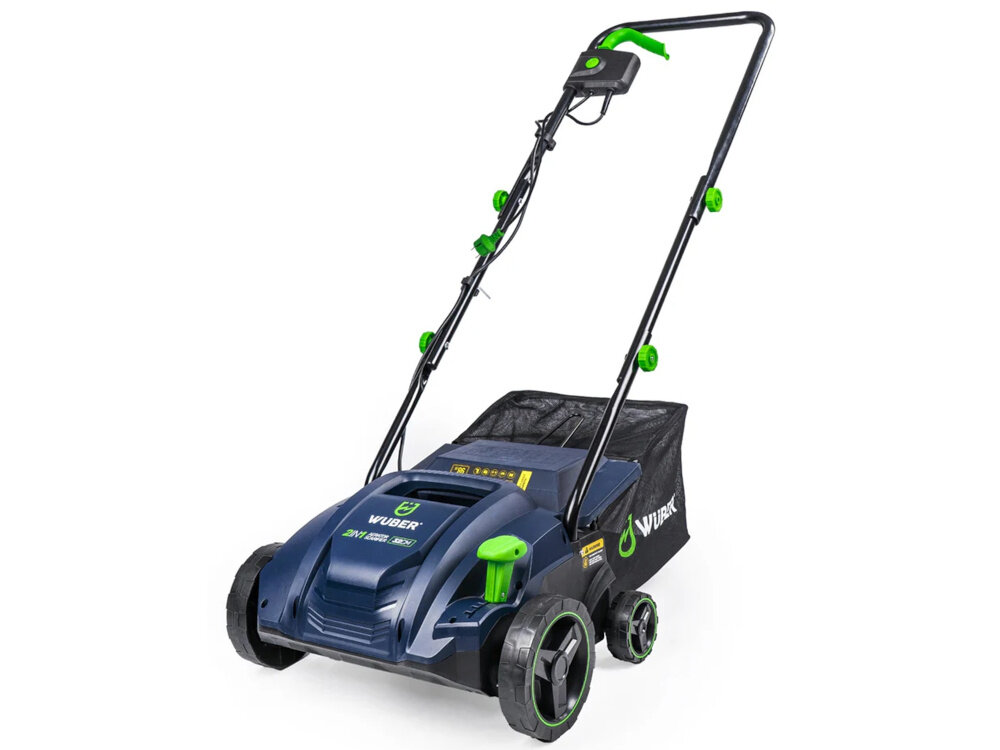 Wertykulator elektryczny WUBER W07111 1500W 32cm wertykulator na białym tle Silnik szczotkowy o mocy 1500 W prędkości obrotowej 3000 obr./min Napęd elektryczny Zasilanie z sieci