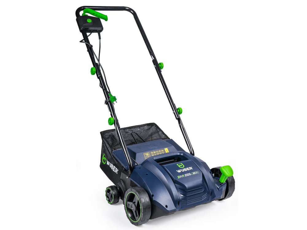 Wertykulator elektryczny WUBER W07111 1500W 32cm wertkulator na białm tle widok od przodu pod skosm Wałek aeratora wyposażono w 20 kolców pomaga poprawić warunki wzrostu korzeni wspiera docieranie wody i składników odżywczych wymiennemu wałkowi