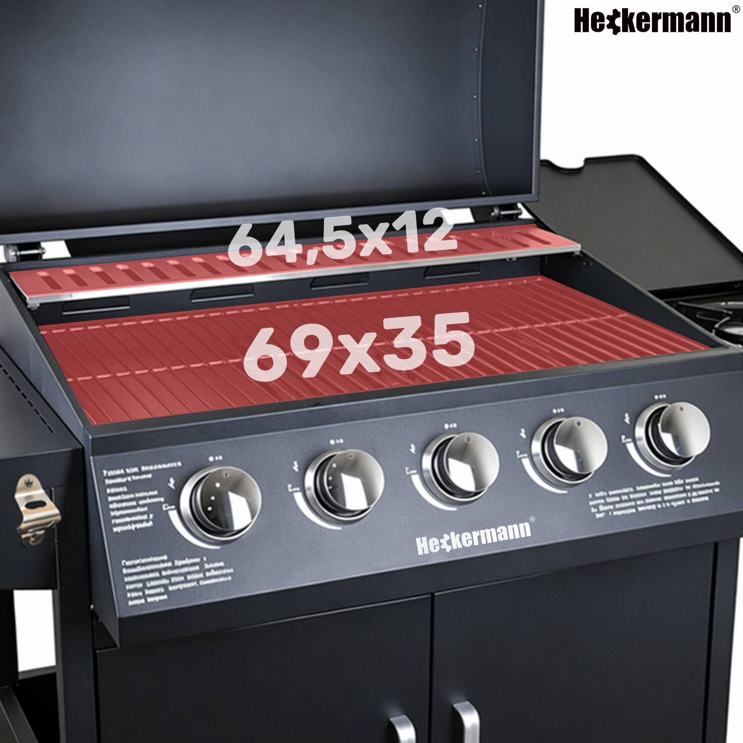 Obraz przedstawia grill gazowy z otwartą pokrywą, na której widoczne są wymiary 64,5x12 i 69x35. Na panelu sterowania znajduje się pięć pokręteł oraz logo \'Heckermann\'.