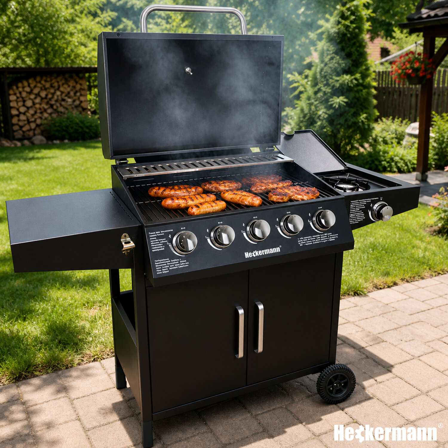 Grill gazowy z otwartą pokrywą, na ruszcie znajdują się kiełbaski i mięso. Na panelu widoczne są pokrętła oraz logo \'Heckermann\'.