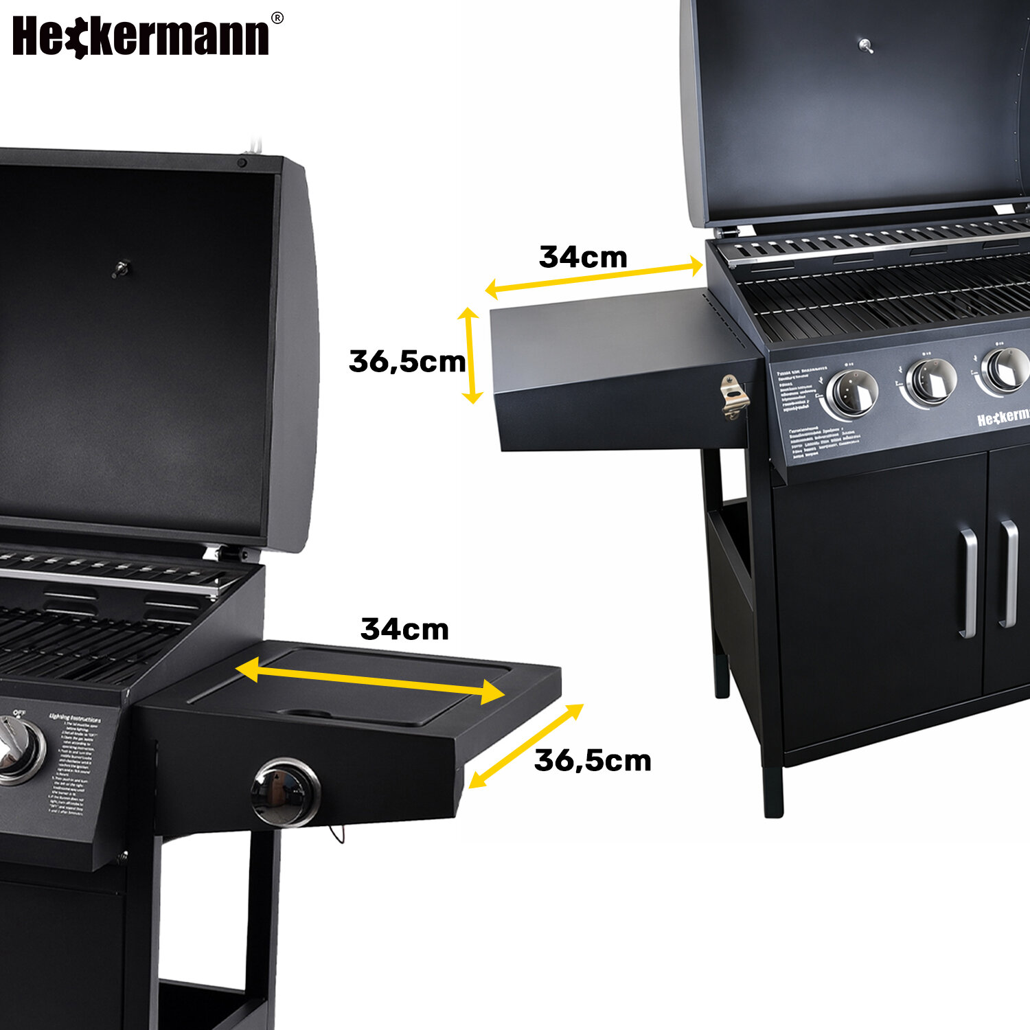 Obraz przedstawia czarny grill gazowy z otwartą pokrywą, posiadający trzy pokrętła i boczne półki. Na obrazie widoczne są wymiary półek: 34 cm i 36,5 cm, a w lewym górnym rogu znajduje się logo \'Heckermann\'.