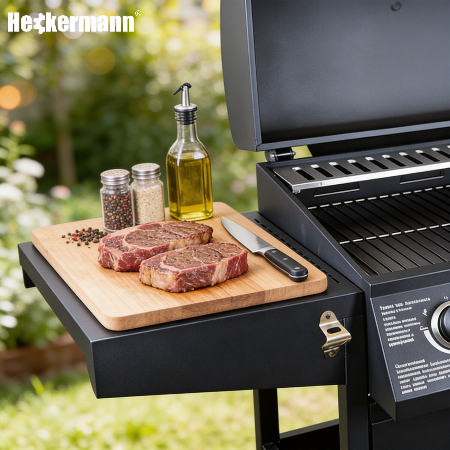 Na obrazie widoczny jest grill z otwartą pokrywą, obok którego znajduje się deska do krojenia z dwoma kawałkami mięsa, nożem oraz przyprawami i oliwą. W tle widać rozmytą zieleń ogrodu, a w lewym górnym rogu znajduje się logo \'Heckermann\'.