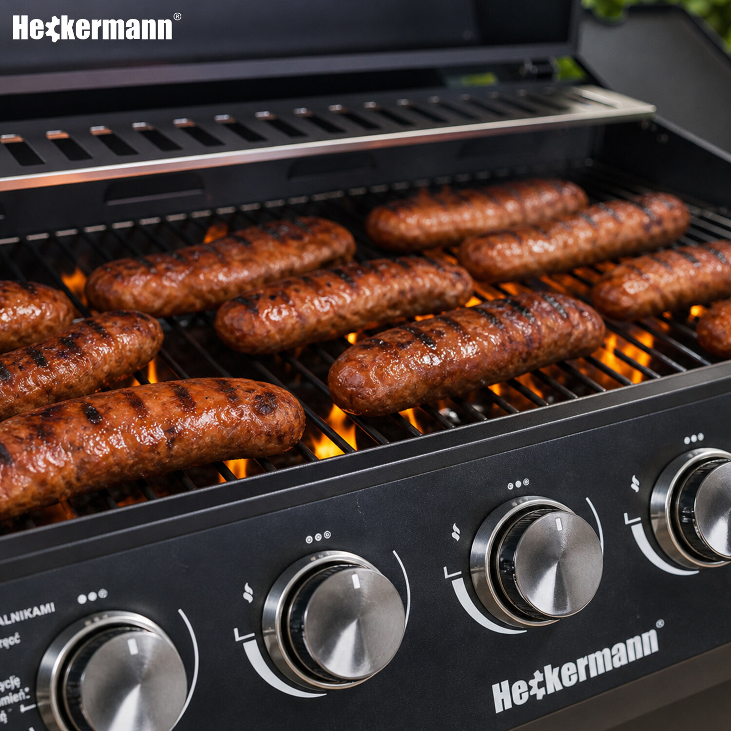 Na obrazie widoczny jest grill z kilkoma kiełbaskami na ruszcie, a w tle widać płomienie. Na panelu grilla znajdują się pokrętła oraz logo \'Heckermann\'.