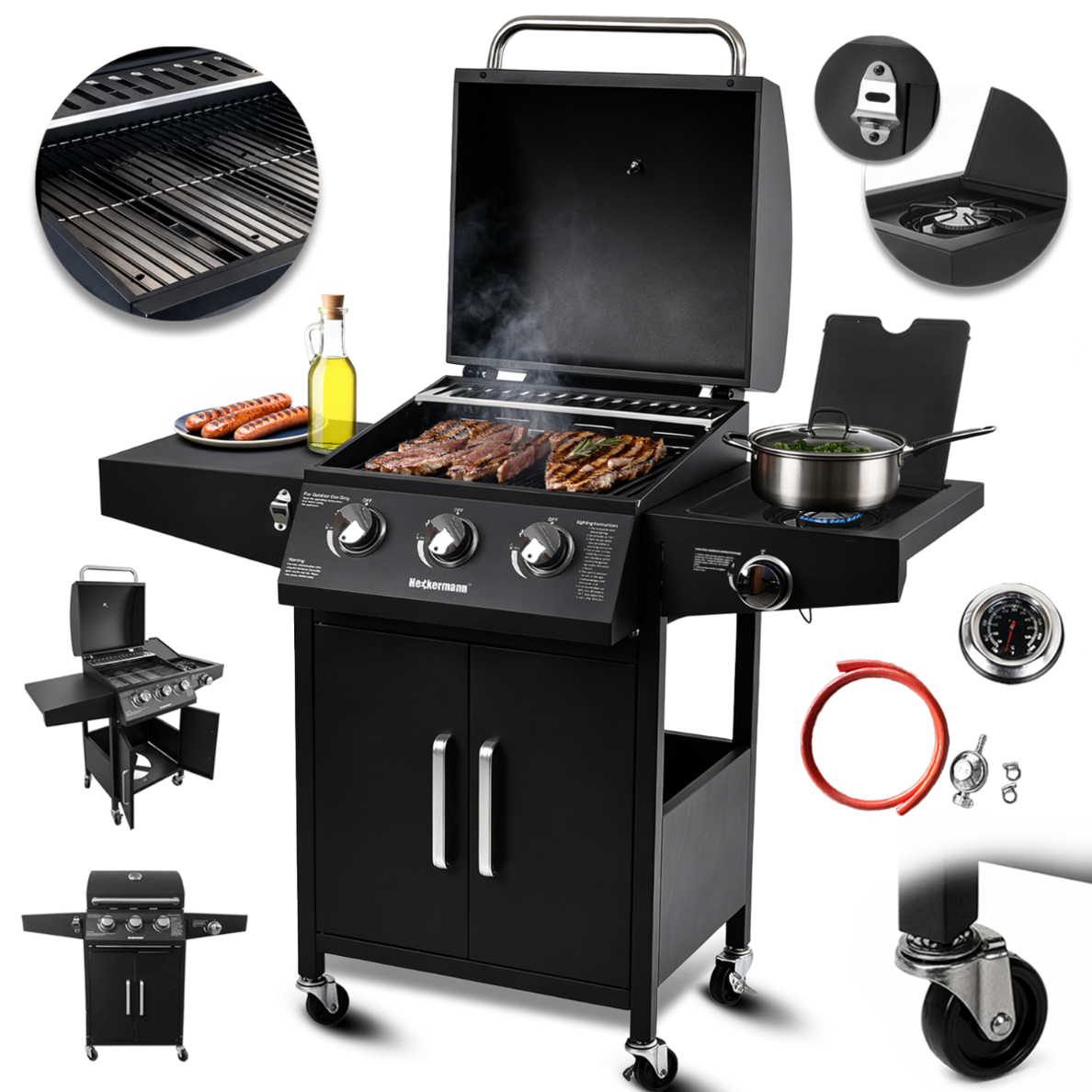 Grill gazowy z trzema pokrętłami, na którym znajdują się grillowane mięsa i warzywa oraz garnek na bocznym palniku. Wokół grilla widoczne są dodatkowe elementy, takie jak ruszt, termometr, kółka i akcesoria do podłączenia gazu.