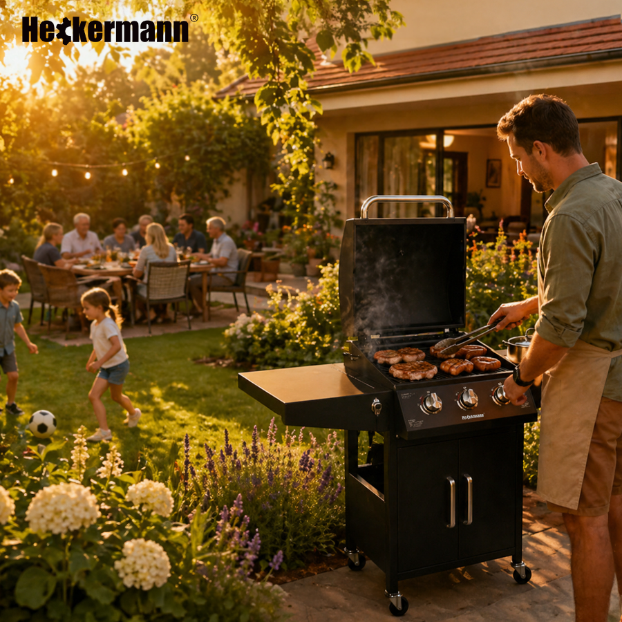 Mężczyzna grilluje mięso na czarnym grillu gazowym w ogrodzie, w tle widać grupę osób siedzących przy stole. Na obrazie widoczne jest logo \'Heckermann\'.
