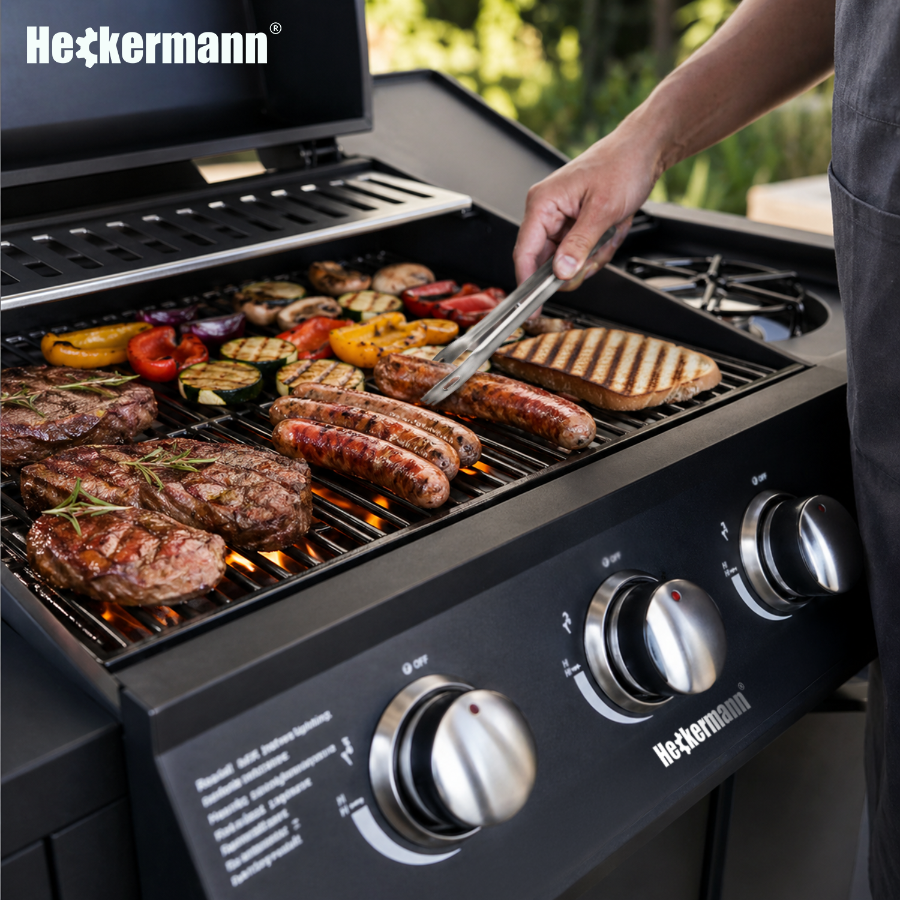 Osoba grilluje różnorodne potrawy, takie jak mięso, kiełbaski i warzywa na grillu gazowym. Na panelu grilla widoczne jest logo \'Heckermann\'.