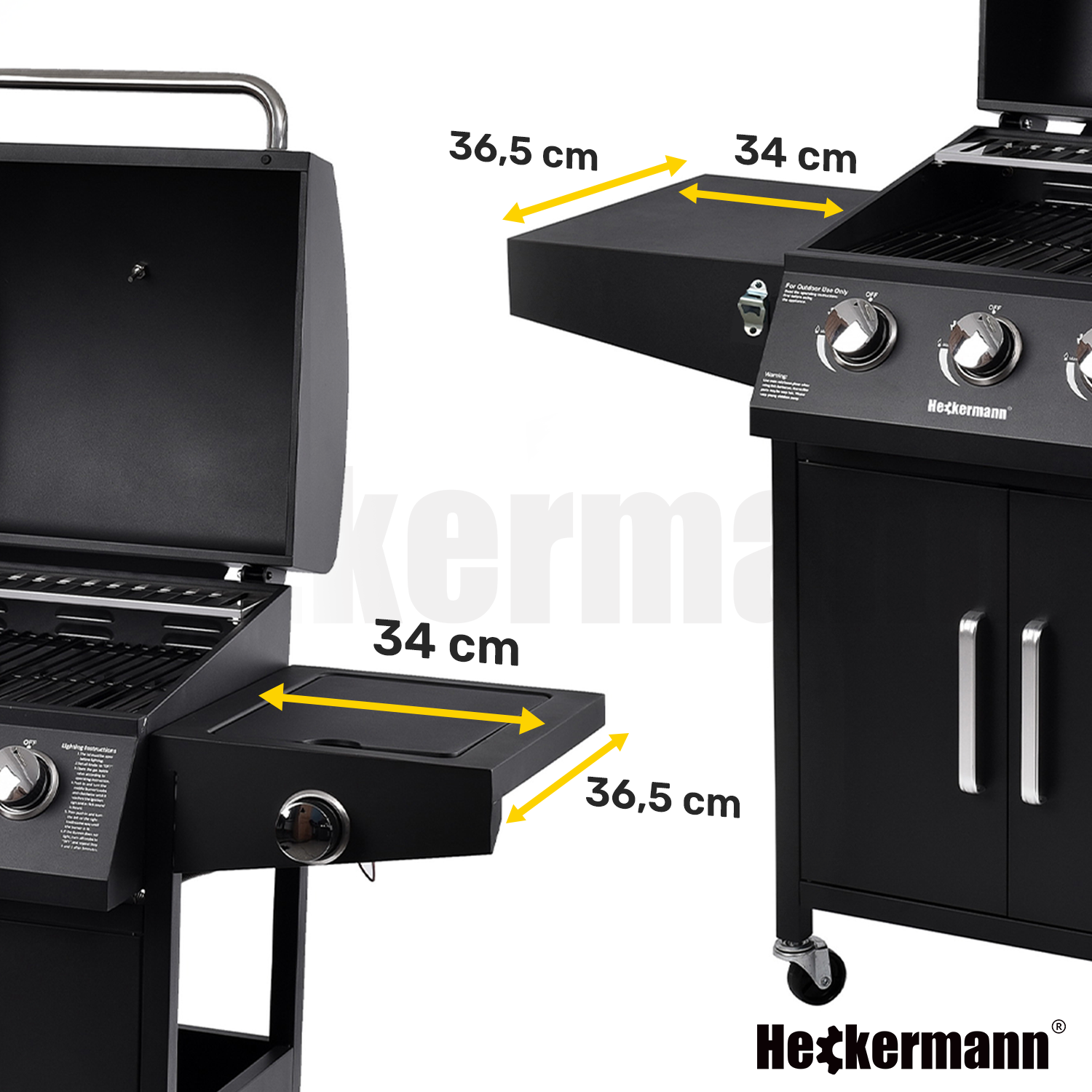 Obraz przedstawia czarny grill gazowy z otwartą pokrywą i trzema pokrętłami na panelu sterowania. Widoczne są wymiary bocznych półek: 36,5 cm na 34 cm, a na dole znajduje się logo Heckermann.