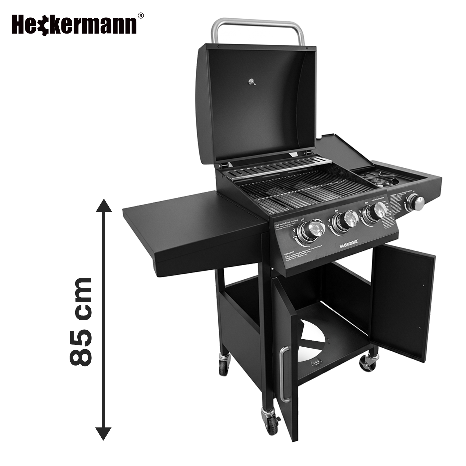 Grill gazowy z otwartą pokrywą, czterema pokrętłami i bocznym palnikiem. Widoczne logo \'Heckermann\' oraz oznaczenie wysokości 85 cm.