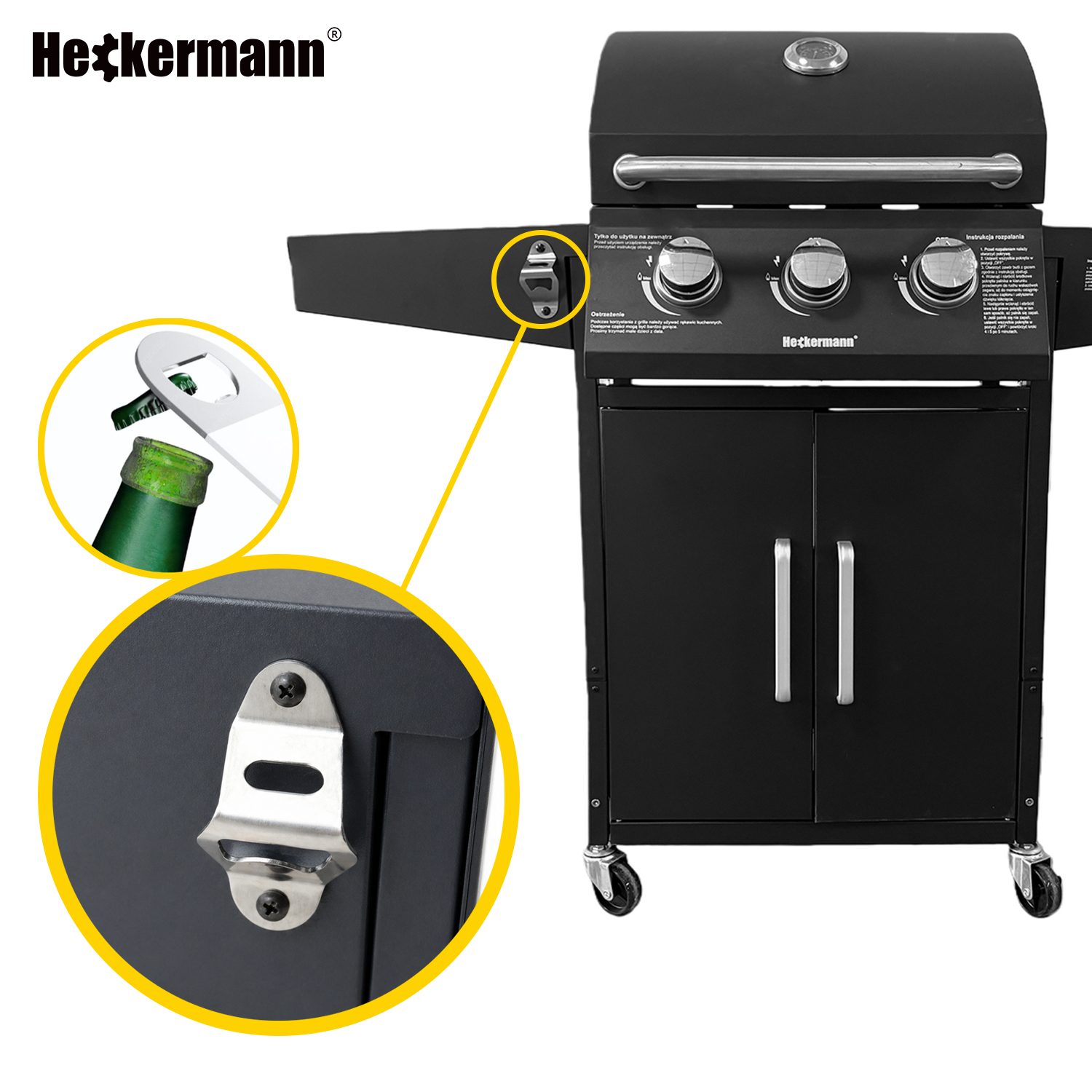 Czarny grill gazowy z trzema pokrętłami i wbudowanym otwieraczem do butelek. Logo \'Heckermann\' widoczne na górze urządzenia.