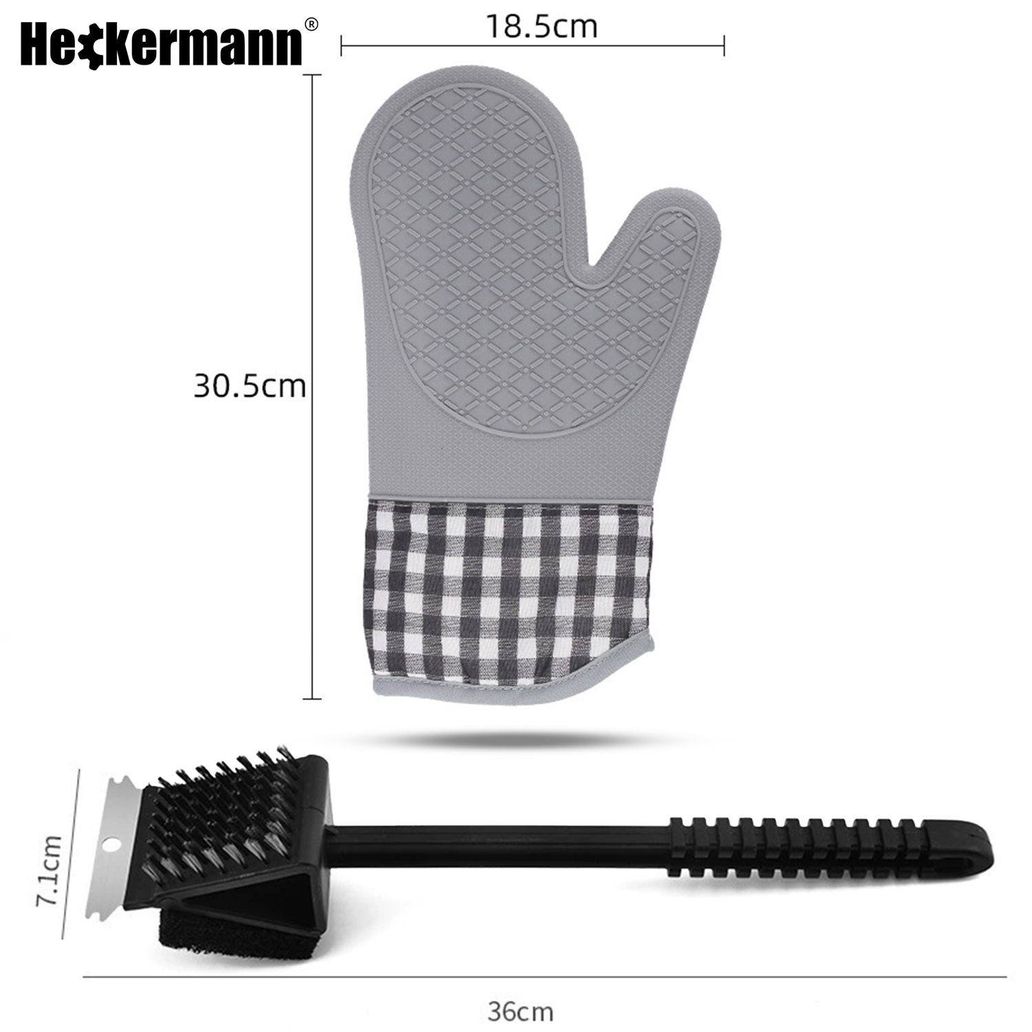 Na obrazie widoczna jest szara rękawica z wzorem w kratkę oraz szczotka z czarnym uchwytem i metalowym skrobakiem. Wymiary rękawicy to 18.5 cm na 30.5 cm, a szczotki 36 cm na 7.1 cm.