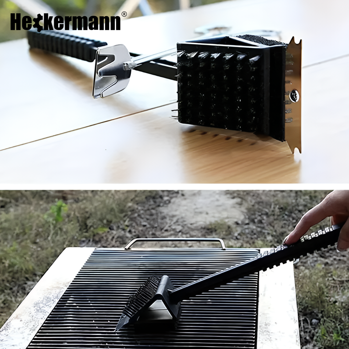Na obrazie widoczny jest zestaw akcesoriów do grillowania z logo \'Heckermann\', w tym szczotka z metalowymi włosiami i skrobakiem. Szczotka jest używana do czyszczenia rusztu grilla na zewnątrz.