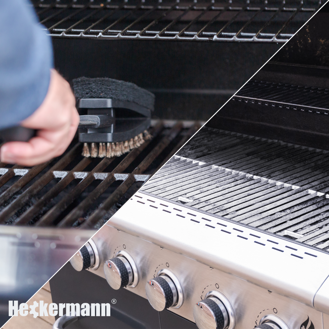 Obraz przedstawia dwie sceny związane z czyszczeniem grilla. Po lewej stronie widoczna jest ręka trzymająca szczotkę do czyszczenia rusztu, a po prawej czysty grill z pokrętłami na panelu przednim. Logo Heckermann znajduje się w lewym dolnym rogu.
