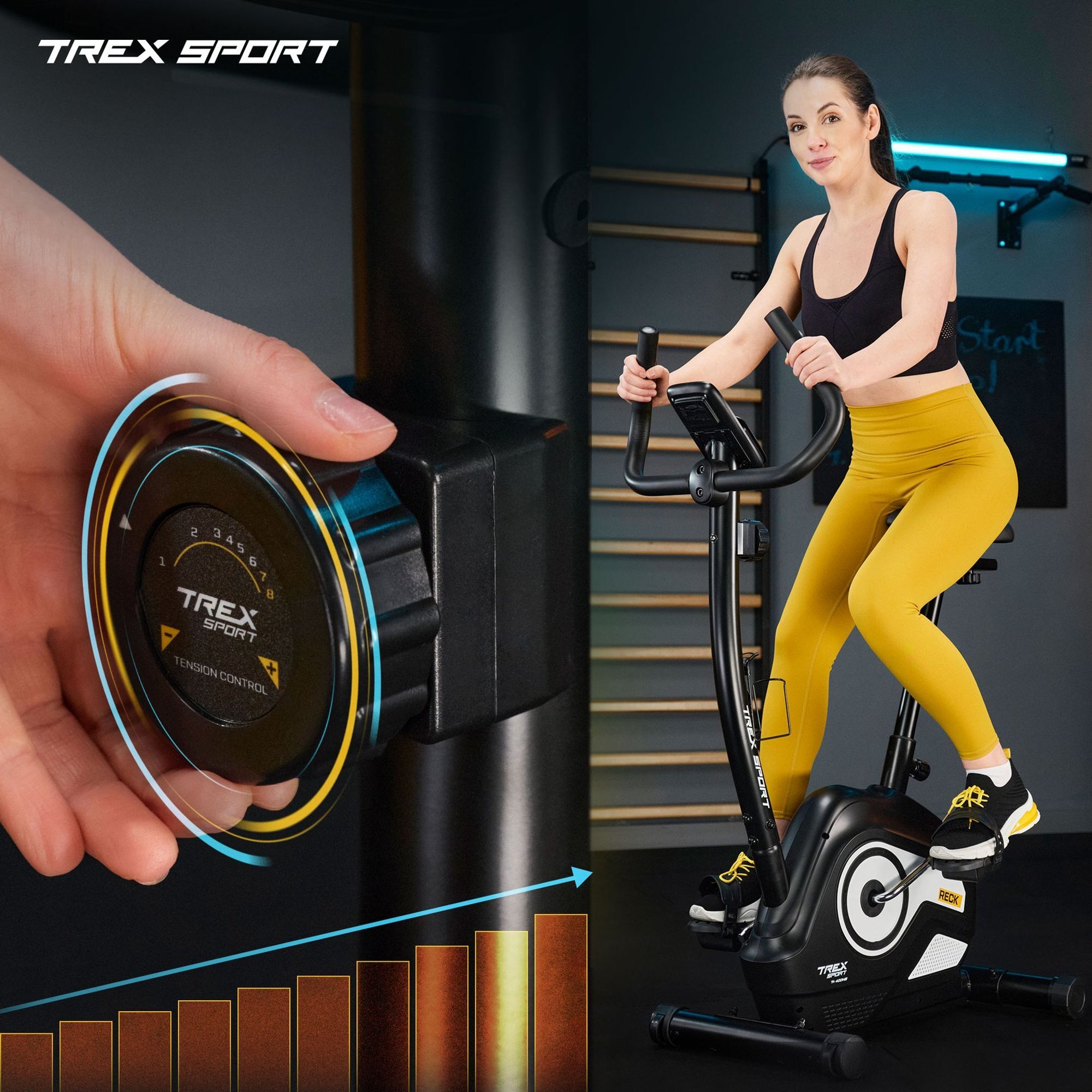Osoba ćwiczy na rowerze stacjonarnym magnetycznym w pomieszczeniu, obok widoczny jest zbliżenie na pokrętło regulacji oporu z napisem \'TREX SPORT TENSION CONTROL\'.