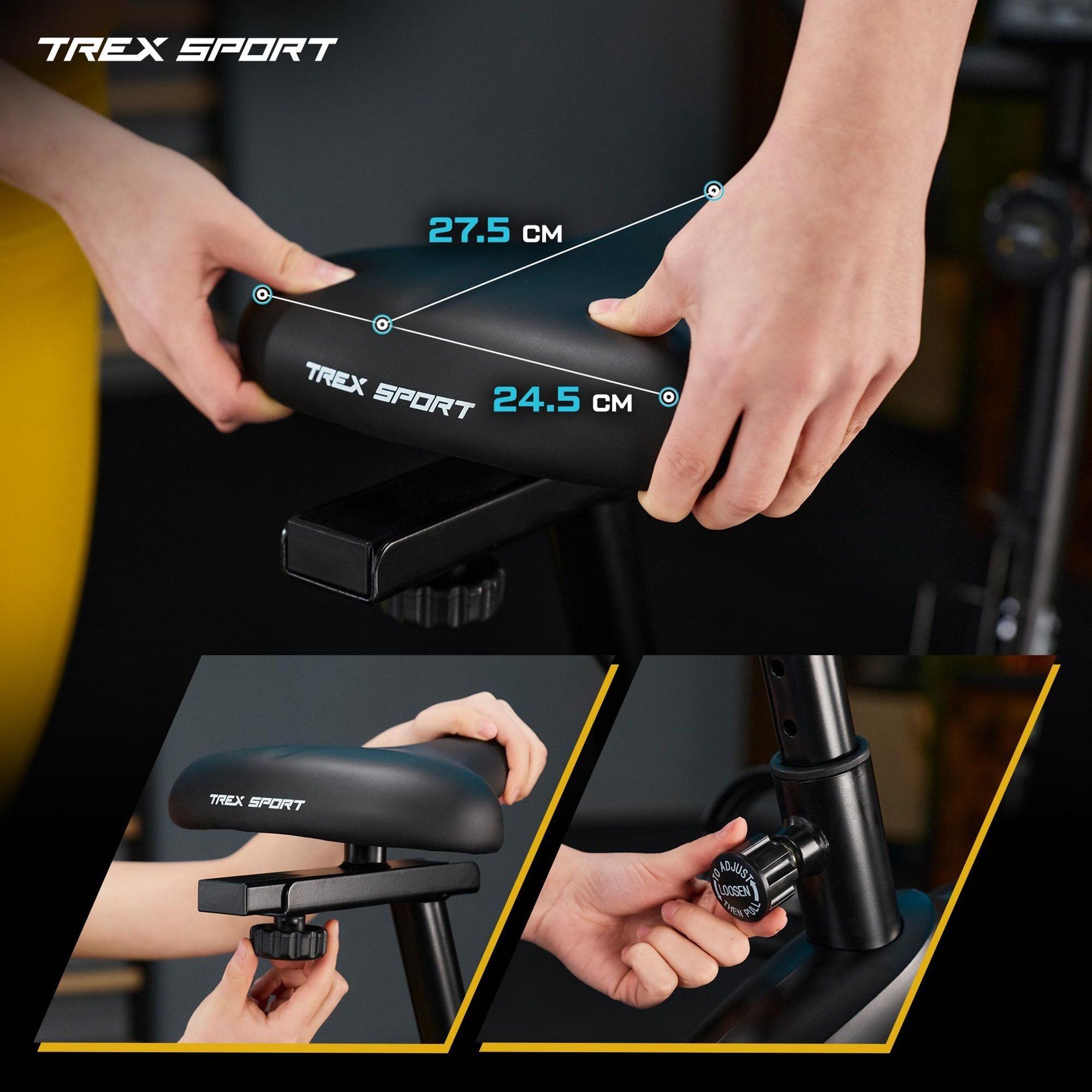 Obraz przedstawia siodełko roweru stacjonarnego z logo \'TREX SPORT\' oraz wymiarami 27.5 cm i 24.5 cm. Dodatkowo widoczne są ręce regulujące wysokość siodełka i pokrętło z napisem \'Adjust\' i \'Loose\'.