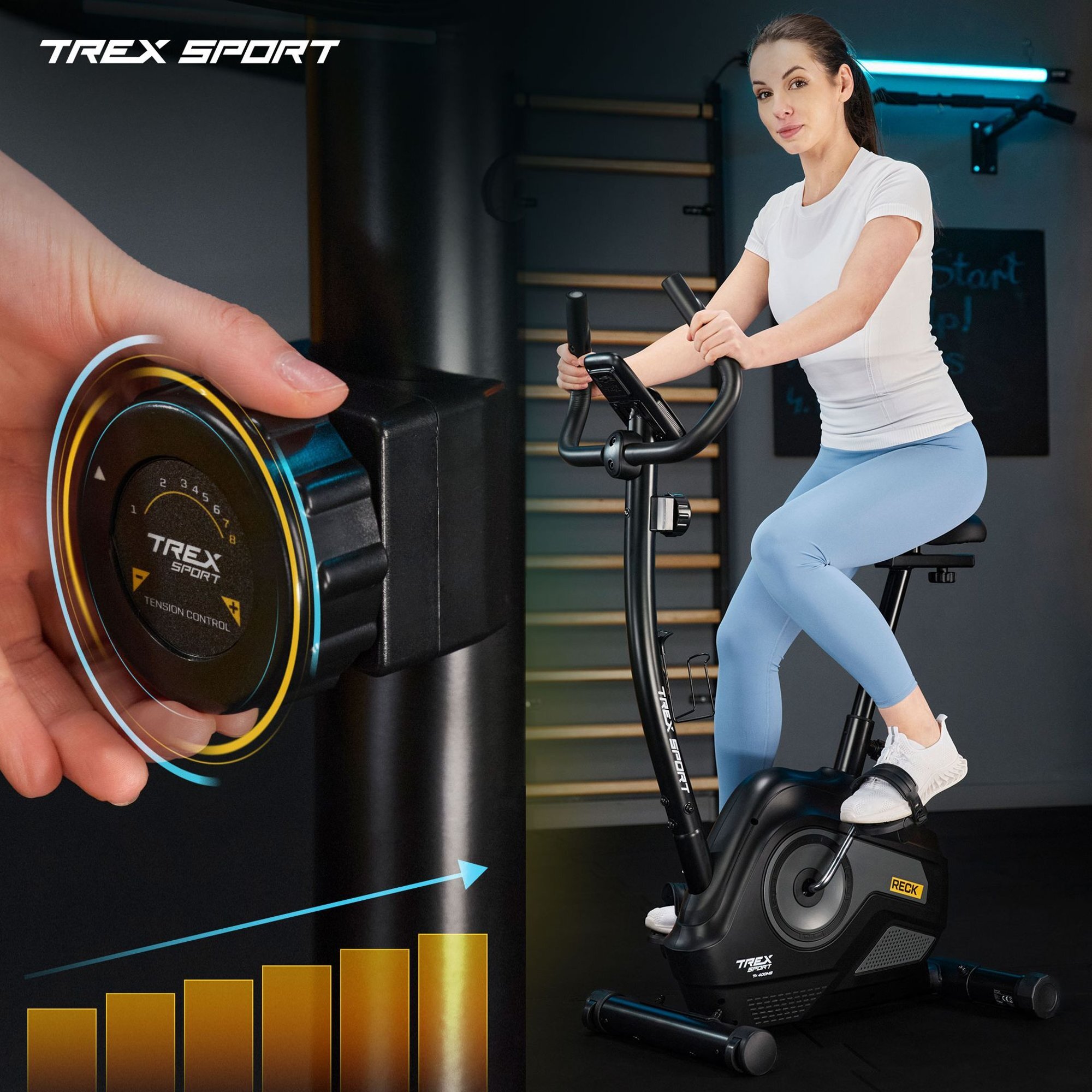 Osoba ćwiczy na rowerze stacjonarnym magnetycznym RECK TX-400MB w kolorze szarym. Obok widoczny jest regulator napięcia z napisem \'TREX SPORT TENSION CONTROL\'.